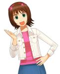  1girl a1 amami_haruka bad_anatomy bow brown_hair buttons dutch_angle flat_chest green_eyes hair_bow hair_ribbon hand_on_hip idolmaster jacket long_sleeves open_clothes open_jacket pink_ribbon pink_shirt poorly_drawn ribbon shirt short_hair simple_background solo unbuttoned white_background white_jacket 