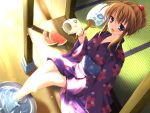  1girl barefoot basin blue_eyes brown_hair fan fang feet feet_in_water food from_above fruit game_cg incense japanese_clothes kawahara_mizuha kimono konneko mikeou paper_fan pig porch sitting soaking_feet solo summer sunlight tatami toes uchiwa veranda water watermelon yukata 