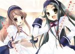  2girls asahina_mikuru brown_eyes brown_hair cup drinking_glass fangs green_hair hair_flip hand_on_hip holding holding_tray itou_noiji long_hair looking_at_viewer maid_headdress multiple_girls neck_ribbon ribbon suzumiya_haruhi_no_yuuutsu tray tsuruya very_long_hair waitress wallpaper yellow_eyes 