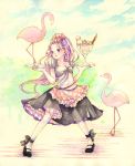  1girl bird bird_on_hand blue_eyes collaboration flamingo food ice_cream kuko long_hair original pocky purple_hair solo squid surreal thigh-highs traditional_media uko_(artist) waitress watercolor_(medium) what yuufuushi 