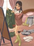  1girl bed bedroom boots clothes_in_front clothes_on_floor cosplay covering dressing gundam jpeg_artifacts messy_room military military_uniform mirror mobile_suit_gundam original smile solo tanaka_shoutarou uniform window 