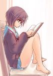  1girl barefoot book cardigan feet legs nagato_yuki reading school_uniform sitting solo suzumiya_haruhi_no_yuuutsu yuki_usagi 