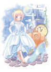  1girl barefoot blonde_hair blue_eyes cinderella cinderella_(character) dress elbow_gloves glass_slipper gloves gown pop pumpkin single_shoe solo white_gloves 