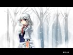  1girl braid female izayoi_sakuya maid perfect_cherry_blossom scarf seo_tatsuya short_hair silver_hair snow snowing solo touhou twin_braids 