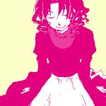  00s 1boy apron closed_eyes dress drill_hair gankutsuou long_sleeves lowres monochrome peppo pink short_hair simple_background smile solo trap waist_apron yellow_background 