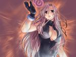  00s 1girl armpits bodysuit breasts cleavage cleavage_cutout gloves glowing kazami_mizuho large_breasts lipstick long_hair makeup no_bra onegai_teacher outstretched_hand pink_hair sleeveless solo turtleneck uon_taraku very_long_hair violet_eyes wallpaper 