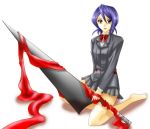  1girl alternate_weapon barefoot bleach blue_hair kuchiki_rukia purple_hair school_uniform serafuku silk_sheet solo sword weapon zangetsu 
