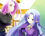  blue_hair braid caster casual fate/stay_night fate_(series) glasses long_hair pointy_ears purple_hair rider violet_eyes 