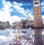  1girl amano_kozue aria aria_pokoteng bird blush church city clouds dome highres mizunashi_akari official_art piazza_san_marco pigeon pink_hair puddle reflection scenery skipping sky smile solo tower twintails uniform venezia venice water 