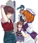  1boy 2girls aqua_hair arm_up belt beret bow bowtie brown_hair clothes_around_waist couple doll hairband hat hetero higurashi_no_naku_koro_ni holding long_hair maebara_keiichi multiple_girls orange_hair pants ponytail ryuuguu_rena scratching_head short_hair short_sleeves simple_background sonozaki_mion uniform upper_body vest white_background wristband 