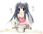  1girl bangs barefoot blue_hair food furude_rika higurashi_no_naku_koro_ni long_hair mouth_hold rice rice_cooker solo strap_slip suzushiro_kurumi violet_eyes white_background 