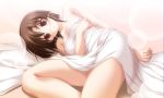  1girl akiiro_ouka akiiro_renka bed brown_eyes brown_hair covering flat_chest lying niiyama_aoi nude nude_cover solo towel tsukimori_hiro 