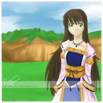  1girl bad_anatomy blue_sky brown_hair character_name choker field gensou_suikoden gensou_suikoden_v grass green_eyes jewelry long_hair long_sleeves looking_at_viewer outdoors pendant poorly_drawn robe sky smile solo standing viki viki_(suikoden) 