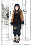  1girl black_hair blue_hair clouds colored comic female fence fishnets hyuuga_hinata kishimoto_masashi monochrome naruto naruto_shippuuden official_art partially_colored photoshop power_lines sandals solo standing tree wall white_eyes 