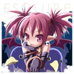  1girl arm_support black_gloves blush close-up disgaea earrings elbow_gloves etna face fang gloves haga_yui jewelry looking_at_viewer makai_senki_disgaea neck_ring nippon_ichi pointy_ears prinny purple_hair short_hair skull_earrings solo spiky_hair stuffed_animal stuffed_toy two_side_up violet_eyes 