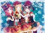  3girls :o \m/ amksaoi antlers ayase_eli bangs beanie bell bibi_(love_live!) black_gloves black_hair blonde_hair blue_eyes capelet detached_collar flower frilled_shirt_collar frills fur-trimmed_capelet fur-trimmed_gloves gloves hair_down hand_on_hip hat hat_flower hat_ribbon lace_border long_hair looking_at_viewer love_live! love_live!_school_idol_project merry_christmas multiple_girls nishikino_maki one_eye_closed parted_lips print_skirt red_eyes redhead ribbon santa_hat skirt smile snowflakes striped striped_ribbon twintails violet_eyes yazawa_nico 