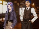  1boy 1girl anger_vein angry blue_hair braid caster closed_eyes fate/hollow_ataraxia fate/stay_night fate_(series) game_cg jacket lancer long_skirt necktie pointy_ears skirt takeuchi_takashi vest waiter 