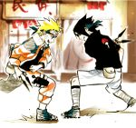  2boys artist_request battle between_fingers blonde_hair crest family_crest fighting kunai lowres male_focus multiple_boys naruto uchiha_sasuke uzumaki_naruto weapon 