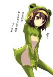  1girl animal_costume brown_eyes brown_hair frog frog_costume hair_ribbon hairband ribbon short_hair solo suzumiya_haruhi suzumiya_haruhi_no_yuuutsu what yuutarou 