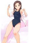  brown_eyes brown_hair competition_swimsuit forehead kawada_tomoko kimi_kiss off_shoulder one-piece_swimsuit open_clothes open_shirt shirt smile swimsuit swimsuit_under_clothes whistle 