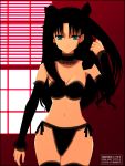  1girl black_hair bra breasts choker fate/stay_night fate_(series) green_eyes lingerie panties side-tie_panties solo thigh-highs tohsaka_rin two_side_up underwear underwear_only window yoshida_inuhito 