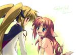  00s 2girls :d animal_ears arf blonde_hair blue_eyes blush brown_hair cape choker facial_mark fate_testarossa gotou_nao long_sleeves looking_at_another lowres lyrical_nanoha mahou_shoujo_lyrical_nanoha multiple_girls multiple_tails open_mouth pink_shirt red_eyes shirt short_sleeves smile tail twintails white_shirt 