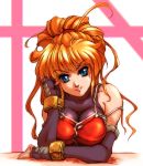  1girl banpresto blonde_hair blue_eyes breasts cleavage elbow_gloves excellen_browning gloves hisahiko orange_hair redhead solo super_robot_wars 