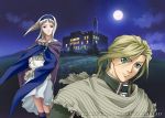 1boy 1girl albino aqua_eyes blonde_hair blue_hairband brooch building cloak clouds couple crossed_arms flat_chest full_moon gensou_suikoden gensou_suikoden_ii gensou_suikogaiden grass hairband hetero jewelry moon mountain nash_latkje night night_sky official_art outdoors red_eyes scarf short_hair sierra_mikain silver_hair skirt sky smile striped thigh-highs torn_clothes vampire wind yashioka_shou