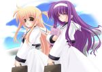  00s 2girls :o ^_^ arisa_bannings bag blonde_hair blue_sky blush capelet closed_eyes dress green_eyes hairband long_sleeves lyrical_nanoha mahou_shoujo_lyrical_nanoha multiple_girls open_mouth purple_hair school_bag school_uniform serafuku shopping_bag sky tsukimura_suzuka upper_body white_dress 