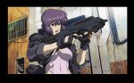  1girl absurdres assault_rifle bangs border breasts building bullpup cable cleavage crop_top electric_fan fan fighting_stance fingerless_gloves ghost_in_the_shell ghost_in_the_shell_stand_alone_complex gloves gun hair_between_eyes highleg highleg_leotard highres holding jacket kusanagi_motoko large_breasts leather leather_jacket leotard looking_away machine_pistol midriff navel open_clothes open_jacket open_mouth outdoors pipes purple_hair red_eyes rifle short_hair sleeves_rolled_up solo strap upper_body weapon window windowboxed 