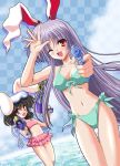  2girls aiming_at_viewer animal_ears beach bikini black_hair female frilled_bikini frills front-tie_top gun inaba_tewi multiple_girls one_eye_closed purple_hair rabbit_ears red_eyes reisen_udongein_inaba side-tie_bikini swimsuit touhou water_gun weapon wink yamu_(reverse_noise) 