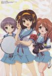  3girls :d absurdres ankle_socks armband asahina_mikuru bangs belt brown_eyes brown_hair camera grey_hair hair_between_eyes head_tilt highres holding ikeda_shouko leg_lift lineup long_hair looking_at_viewer magazine_scan megami miniskirt multiple_girls nagato_yuki official_art open_mouth parted_bangs parted_lips pen pleated_skirt reflector ribbon scan school_uniform serafuku shirt shoes short_hair sidelocks skirt smile sneakers socks sos-dan_logo standing standing_on_one_leg strap suzumiya_haruhi suzumiya_haruhi_no_yuuutsu swept_bangs twintails yellow_eyes 