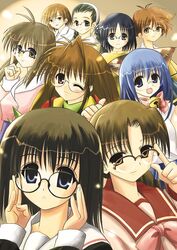  00s 6+girls adjusting_glasses aihara_mizuho animal_ears antenna_hair bell bespectacled black_hair blue_eyes blue_hair braid brown_eyes brown_hair comic_party company_connection crossover glasses hairband hoshina_tomoko inagawa_yuu ishihara_reiko kinuta_yuuki kurihara_touko leaf_(studio) long_hair magical_antique makimura_minami multiple_crossover multiple_girls one_eye_closed rian_(magical_antique) school_uniform serafuku shizuku_(game) short_hair smile tasogare tenshi_no_inai_12-gatsu to_heart trait_connection violet_eyes wink 