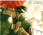  2boys hatake_kakashi male_focus multiple_boys naruto oriental_umbrella outdoors oyamada_ami rainbow sky umbrella umino_iruka yaoi 