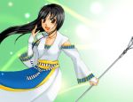  1girl :d bad_anatomy black_hair blush brown_eyes detached_sleeves floating_hair gensou_suikoden gensou_suikoden_i gensou_suikoden_ii green_background holding light_rays long_sleeves open_mouth polearm poorly_drawn simple_background smile solo staff viki viki_(suikoden) weapon wind 