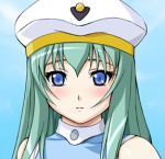  1girl alice_carroll aria bare_shoulders beret blue_eyes blush expressionless face green_hair hat lowres solo upper_body zundarepon 