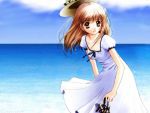  1girl barefoot brown_eyes brown_hair dress flower hat katsuragi_tamami ocean ribbon sandals seaside shoes_removed solo summer sun_hat wallpaper white_dress 