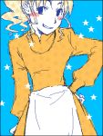  00s 1boy :d apron blonde_hair blue_background blue_eyes blush cowboy_shot dress flat_color gankutsuou hand_on_hip long_sleeves looking_at_viewer lowres male_focus open_mouth partially_colored peppo simple_background smile solo trap waist_apron 