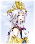  1girl arshtat_falenas blue_eyes braid breasts cogwheel crown detached_sleeves dress gensou_suikoden gensou_suikoden_v hat long_hair lowres silver_hair smile solo 