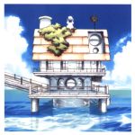  1girl amano_kozue aqua aria aria_pokoteng back building clouds hat official_art scenery sitting sky solo water window 