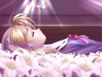  1girl blonde_hair closed_eyes coffin death female flower funeral game_cg goto_p hair_ribbon lily_(flower) long_hair lying omoi_no_kakera on_back profile ribbon sakisaka_mai school_uniform serafuku solo stained_glass sunlight twintails window 