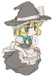  1girl alternate_eye_color apron black_dress blonde_hair blue_eyes bow dress female hair_bow hat hat_bow kirisame_marisa looking_at_viewer puffy_short_sleeves puffy_sleeves randou short_hair short_sleeves simple_background solo touhou waist_apron wavy_mouth white_background witch_hat 