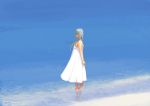  1girl arms_behind_back barefoot beach blue dress grey_hair kiriman_(souldeep) long_hair ocean original solo submerged wading water white_dress 