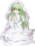  00s 1girl bandaid broccoli_(company) dress full_body galaxy_angel green_hair hands_together interlocked_fingers long_hair long_sleeves looking_at_viewer praying red_eyes simple_background sitting solo vanilla_h veil very_long_hair white_background white_dress 