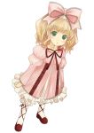  00s 1girl blonde_hair bloomers bow dress dutch_angle expressionless full_body hair_bow hina_ichigo looking_at_viewer mizuki_makoto open_mouth petticoat puffy_sleeves ribbon rozen_maiden short_hair simple_background solo standing underwear 