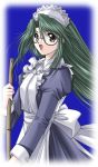  1girl castle_fantasia glasses gradient gradient_background green_hair long_hair maid profile solo yamamoto_kazue 