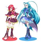  2girls ahoge antenna_hair blue_hair boots bow capelet cure_bright cure_windy detached_sleeves flipped_hair floating_hair full_body futari_wa_precure_splash_star gem hand_on_hip kiryuu_kaoru kiryuu_michiru leg_warmers legs long_hair looking_at_viewer magical_girl midriff multiple_girls pose precure redhead serious short_hair siblings simple_background sisters skirt splash_star standing tiara very_long_hair what_if 