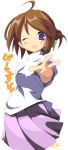  1girl ;d ahoge arcueid_brunestud brown_hair cosplay folded_ponytail komaki_manaka long_skirt mizoguchi_keiji one_eye_closed open_mouth outstretched_arm pleated_skirt purple_skirt simple_background skirt smile solo sweater to_heart_2 tsukihime w white_background 
