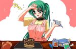  1girl apron cake cooking cream food fujitaka_(akasora) fujitaka_akasora gloves green_eyes green_hair higurashi_no_naku_koro_ni long_hair open_mouth pastry_bag ponytail solo sonozaki_mion 