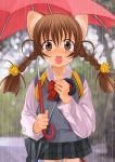  1girl animal_ears braid brown_eyes brown_hair cat_ears school_uniform serafuku solo tears twin_braids umbrella 